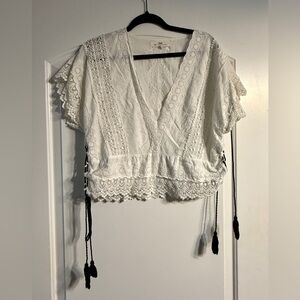 Nibi MTK Crochet Lace Eyelet Blouse White Boho Tassel Side Tie Top Cottagecore